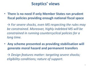 6
Sceptics’ views
• There is no need if only Member States ran prudent
fiscal policies providing enough national fiscal space
→ For severe shocks, even MS respecting the rules may
be constrained. Moreover, highly indebted MS will be
constrained in running countercyclical policies for a
long time.
• Any scheme presented as providing stabilisation will
generate moral hazard and permanent transfers
→ Design features matter: targeting severe shocks;
eligibility conditions; nature of support.
 