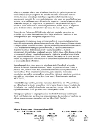 reforçou as pressões sobre o setor privado em duas direções: primeiro promovia a
necessidade de redução dos preços dos produtos nacionais ofertados no mercado
interno, buscando uma redução da inflação; segundo estabelecia condições de
reestruturação industrial das empresas instaladas no país, sendo que a qualidade de seus
produtos e seus padrões de competitividade não suportava a concorrência com produtos
importados com preços competitivos, e o governo não assegurava estímulos para
reduzir os riscos envolvidos na reestruturação industrial. Então, restava às empresas a
opção de não investir no setor produtivo por causa dos riscos. (SILVA, 2006).
De acordo com Guimarães (2006) Um dos principais resultados que podem ser
atribuídos à política de abertura comercial foi forçar a indústria a reordenar os seus
fatores produtivos para obter ganhos de produtividade.
Os empresários brasileiros da época enfrentaram além da concorrência internacional
competitiva e estruturada, a instabilidade econômica, a falta de uma política de estímulo
à competitividade industrial através da capacitação tecnológica das indústrias nacionais,
a falta de experiência em negociação internacional, e o pouco conhecimento ou
desconhecimento da dinâmica que envolve a complexa cadeia no mercado
internacional. A instabilidade gerada pelo governo Collor, aliada a falta de uma política
governamental voltada à capacitação empresarial e industrial somada a inexperiência
dos empresários brasileiros criou a mística, bastante forte na época, de que o mercado
externo era para poucos e com condições de enfrentar financeiramente a concorrência e
as necessidades de investimentos.
As mudanças efetivas começaram com a implantação do Plano Real, pelo então
Ministro da Fazenda, Fernando Henrique Cardoso, no governo de Itamar Franco, a
partir de 1994, além do Plano Real, outras medidas foram adotadas para estimular o
crescimento do Brasil no cenário internacional, como a reforma política das
importações, a criação e implantação de uma política efetiva de incentivo a competição
comercial, e a retomada da integração regional através da assinatura do acordo do
MERCOSUL .
Fernando Henrique Cardoso, assume a presidência da república em 1995, acreditando
que o Brasil deveria sim, ter uma política exterior capaz de aproveitar os benefícios da
globalização e em condições de enfrentar suas mazelas, e retoma várias das idéias de
expansão externa do Brasil que ainda estava lenta e pouco efetiva.
Não se pode negar que os longos períodos de instabilidade política e econômica no
Brasil contribuíram para que houvesse uma concentração das exportações brasileiras na
mão de poucas empresas, como observado por Silva (2008) Tabela 2.
Tabela 2
Número de empresas e valor exportado em 1996
VALOR EXPORTADO POR
EMPRESA NR. DE
EMPRESAS
VALOR EXPORTADO
TOTAL
%US$ milhões US$ milhões
Acima de 40 219 30.453 63,79
20 a 40 172 4.781 10,01
 