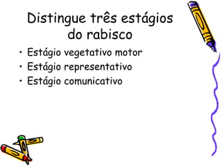 Distingue três estágios
do rabisco
• Estágio vegetativo motor
• Estágio representativo
• Estágio comunicativo
 