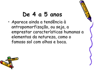 De 4 a 5 anos
• Aparece ainda a tendência à
antropomorfização, ou seja, a
emprestar características humanas a
elementos da natureza, como o
famoso sol com olhos e boca.
 