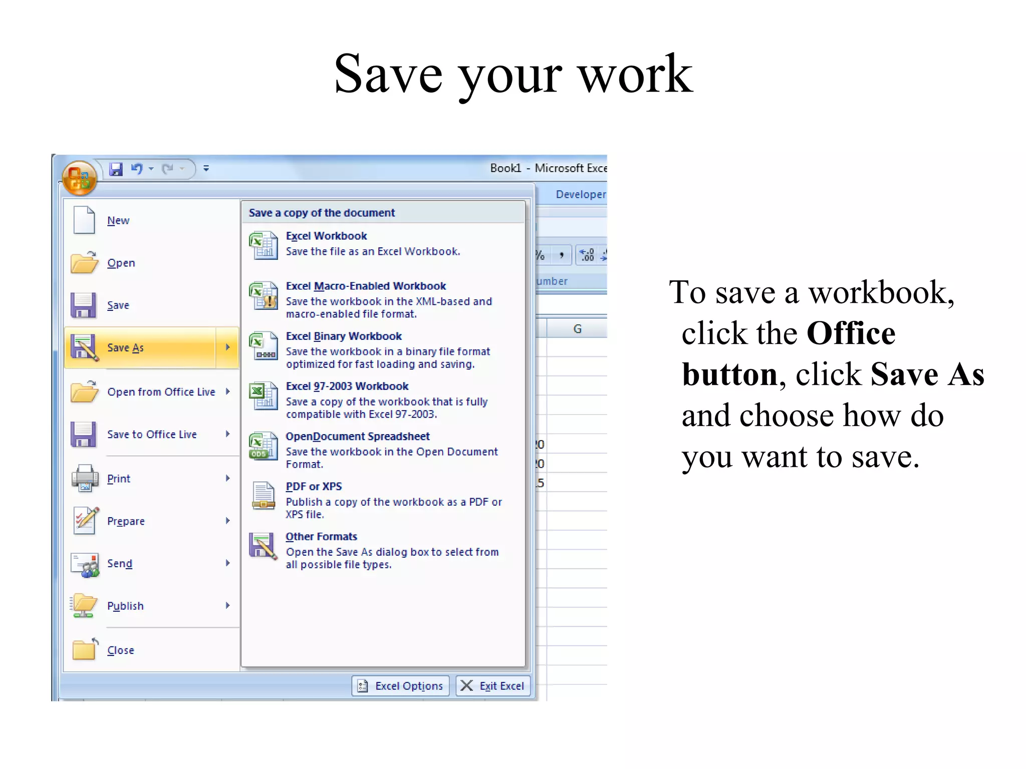 Save your work
To save a workbook,
click the Office
button, click Save As
and choose how do
you want to save.
 