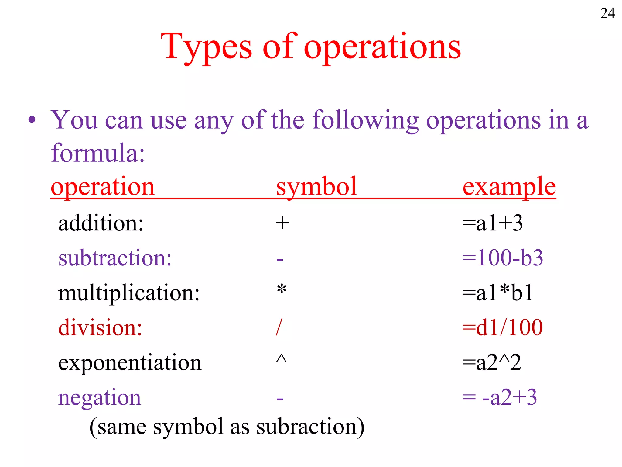24
Types of operations
• You can use any of the following operations in a
formula:
operation symbol example
addition: + =a1+3
subtraction: - =100-b3
multiplication: * =a1*b1
division: / =d1/100
exponentiation ^ =a2^2
negation - = -a2+3
(same symbol as subraction)
 
