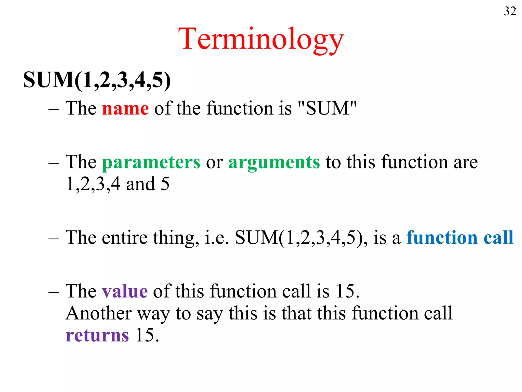 32
Terminology
SUM(1,2,3,4,5)
– The name of the function is "SUM"
– The parameters or arguments to this function are
1,2,3,4 and 5
– The entire thing, i.e. SUM(1,2,3,4,5), is a function call
– The value of this function call is 15.
Another way to say this is that this function call
returns 15.
 