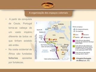 A organização dos espaços coloniais
• A partir da conquista
de Ceuta, Portugal
torna-se cabeça de
um vasto império
diferente de todos os
que tinham existido
até então.
• Na costa ocidental de
África são fundadas
feitorias apoiadas
por fortalezas.
 