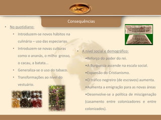 Consequências
• No quotidiano:
• Introduzem-se novos hábitos na
culinária – uso das especiarias.
• Introduzem-se novas culturas
como o ananás, o milho grosso,
o cacau, a batata...
• Generaliza-se o uso do tabaco.
• Transformações ao nível do
vestuário.
• A nível social e demográfico:
•Reforço do poder do rei.
•A Burguesia ascende na escala social.
•Expansão do Cristianismo.
•O tráfico negreiro (de escravos) aumenta.
•Aumenta a emigração para as novas áreas
•Desenvolve-se a política de miscigenação
(casamento entre colonizadores e entre
colonizados).
 