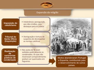 Expansão da religião
• Intolerância: perseguição
aos não cristãos, com
destaque para os judeus
Imposição do
catolicismo
• Averiguação e tortura de
suspeitos de desrespeitar
as normas católicas
Tribunal do
Santo Ofício
(Inquisição)
• Nos autos de fé eram
exibidos publicamente os
condenados. Os que não
mostravam arrependimento
podiam ser queimados em
fogueiras.
Realização
de
cerimónias
públicas de
condenação
Muitos abandonaram Portugal
e Espanha, contribuindo para
o desenvolvimento de outros
países.
 