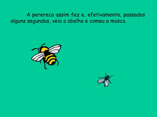 A perereca assim fez e, efetivamente, passados alguns segundos, veio a abelha e comeu a mosca. 