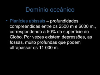 Domínio oceânico Planícies abissais  – profundidades compreendidas entre os 2500 m e 6000 m., correspondendo a 50% da superfície do Globo. Por vezes existem depressões, as fossas, muito profundas que podem ultrapassar os 11 000 m. 