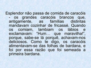 Esplendor não passa de comida de caracóis - os grandes caracóis brancos que, antigamente, as famílias distintas mandavam cozinhar de fricassé. Quando os comiam, lambiam os lábios e exclamavam: “Hum… que maravilha!”, porque, sabe-se lá porquê, achavam-nos deliciosos. Como te digo, os caracóis alimentavam-se das folhas de bardana, e foi por essa razão que foi semeada a primeira bardana. 