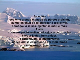 Foi então  que uma grande manada de porcos espinhos,  numa tentativa de se proteger e sobreviver,  começou a se unir, ajuntar-se mais e mais.  Assim,  cada um  podia sentir o calor do corpo do outro.  E todos juntos, bem unidos,  agasalhavam-se mutuamente,  aqueciam-se enfrentando por mais tempo  aquele inverno tenebroso.  