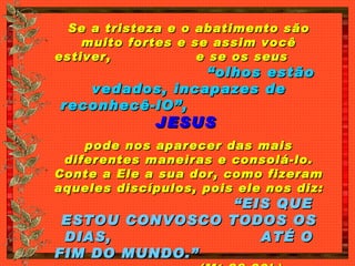 Se a tristeza e o abatimento são muito fortes e se assim você estiver,  e se os seus  “olhos estão vedados, incapazes de reconhecê-lO”,   JESUS   pode nos aparecer das mais diferentes maneiras e consolá-lo. Conte a Ele a sua dor, como fizeram aqueles discípulos, pois ele nos diz:  “EIS QUE ESTOU CONVOSCO TODOS OS DIAS,  ATÉ O FIM DO MUNDO.”   (Mt 28,20b) 