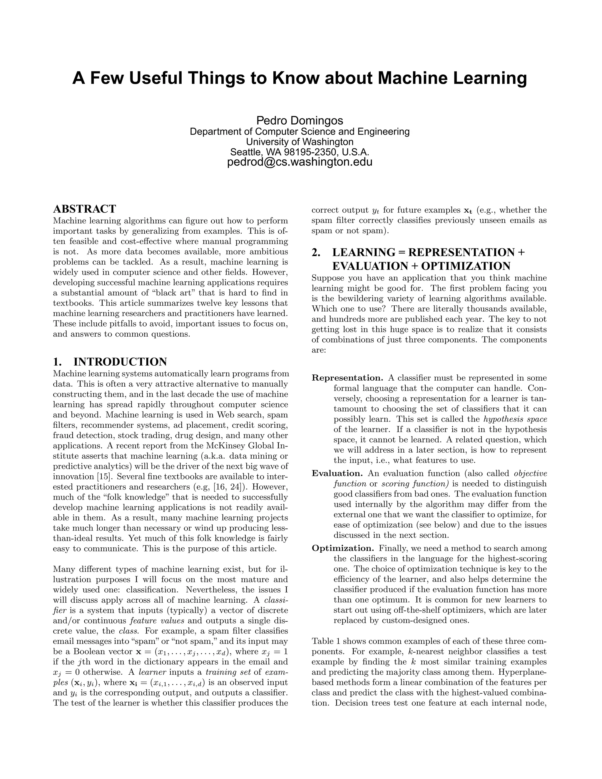 Popular Research Paper In Machine Learning A Few Useful Things to Know about Machine Learning | PDF