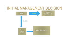 INITIAL MANAGEMENT DECISION
afib Unstable
Urgent
Cardiovert
Stable
Rate vs
rhythm
Control
Anticoagulate**
 