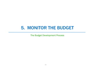 5. MONITOR THE BUDGET
   The Budget Development Process




               23
 