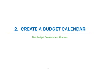 2. CREATE A BUDGET CALENDAR
      The Budget Development Process




                   8
 