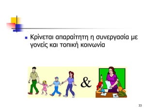 Κρίνεται απαραίτητη η συνεργασία µε
γονείς και τοπική κοινωνία




                                      33
 