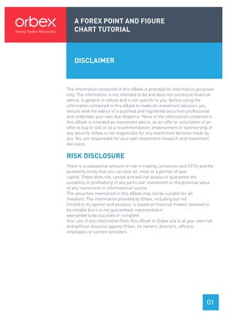 01
DISCLAIMER
RISK DISCLOSURE
The information contained in this eBook is provided for information purposes
only. The information is not intended to be and does not constitute financial
advice, is general in nature and is not specific to you. Before using the
information contained in this eBook to make an investment decision, you
should seek the advice of a qualified and registered securities professional
and undertake your own due diligence. None of the information contained in
this eBook is intended as investment advice, as an offer or solicitation of an
offer to buy or sell or as a recommendation, endorsement or sponsorship of
any security. Orbex is not responsible for any investment decision made by
you. You are responsible for your own investment research and investment
decisions.
There is a substantial amount of risk in trading currencies and CFDs and the
possibility exists that you can lose all, most or a portion of your
capital. Orbex does not, cannot and will not assess or guarantee the
suitability or profitability of any particular investment or the potential value
of any investment or informational source.
The securities mentioned in this eBook may not be suitable for all
investors. The information provided by Orbex, including but not
limited to its opinion and analysis, is based on financial models believed to
be reliable but it is not guaranteed, represented or
warranted to be accurate or complete.
Your use of any information from this eBook or Orbex site is at your own risk
and without recourse against Orbex, its owners, directors, officers,
employees or content providers.
A FOREX POINT AND FIGURE
CHART TUTORIAL
 