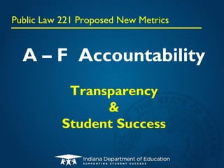 Public Law 221 Proposed New Metrics


  A – F Accountability
            Transparency
                 &
           Student Success
 