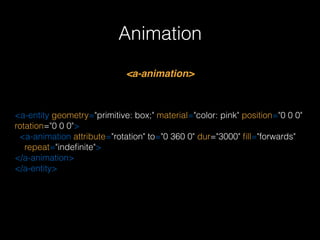 Animation
<a-animation>
<a-entity geometry="primitive: box;" material="color: pink" position="0 0 0"
rotation="0 0 0"> 
<a-animation attribute="rotation" to="0 360 0" dur="3000" ﬁll="forwards"  
repeat="indeﬁnite"> 
</a-animation> 
</a-entity>
 