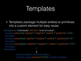 Templates
• Templates package multiple entities or primitives
into a custom element for easy reuse.
<template is="a-template" element="a-lot-of-cubes"> 
<a-cube color="red" depth="1" height="1" width="1" position="-1 0 0"> 
</a-cube> 
<a-cube color="blue" depth="1" height="1" width="1" position="0 1 0"> 
</a-cube> 
<a-cube color="green" depth="1" height="1" width="1" position="1 0 0"> 
</a-cube> 
</template>
<a-lot-of-cubes></a-lot-of-cubes> 
<a-lot-of-cubes position="10 0 0"></a-lot-of-cubes>
 