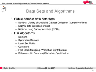 Data Sets and Algorithms Public domain data sets from  National Library of Medicine Dataset Collection (currently offline) MIDAS data collection project National Lung Cancer Archives (NCIA) ITK Algorithms Demons Symmetric Demons Level Set Motion Curvature Fast Block Matching (Workshop Contribution) Diffeomorphic Demons (Workshop Contribution) 