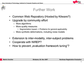 Further Work Common Web Repository (Hosted by Kitware?) Upgrade by community effort More algorithms More quality measures  Segmentation based -> Problems for general applicability More synthetic deformations, including noise models Extension to inter-modality, inter-subject problems Cooperate with NIREP? How to prevent „evaluation framework tuning“? 
