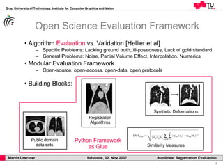 Open Science Evaluation Framework Algorithm  Evaluation  vs. Validation [Hellier et al] Specific Problems: Lacking ground truth, ill-posedness, Lack of gold standard  General Problems: Noise, Partial Volume Effect, Interpolation, Numerics Modular Evaluation Framework Open-source, open-access, open-data, open protocols Building Blocks: Registration Algorithms Public domain data sets Synthetic Deformations Similarity Measures Python Framework as Glue 