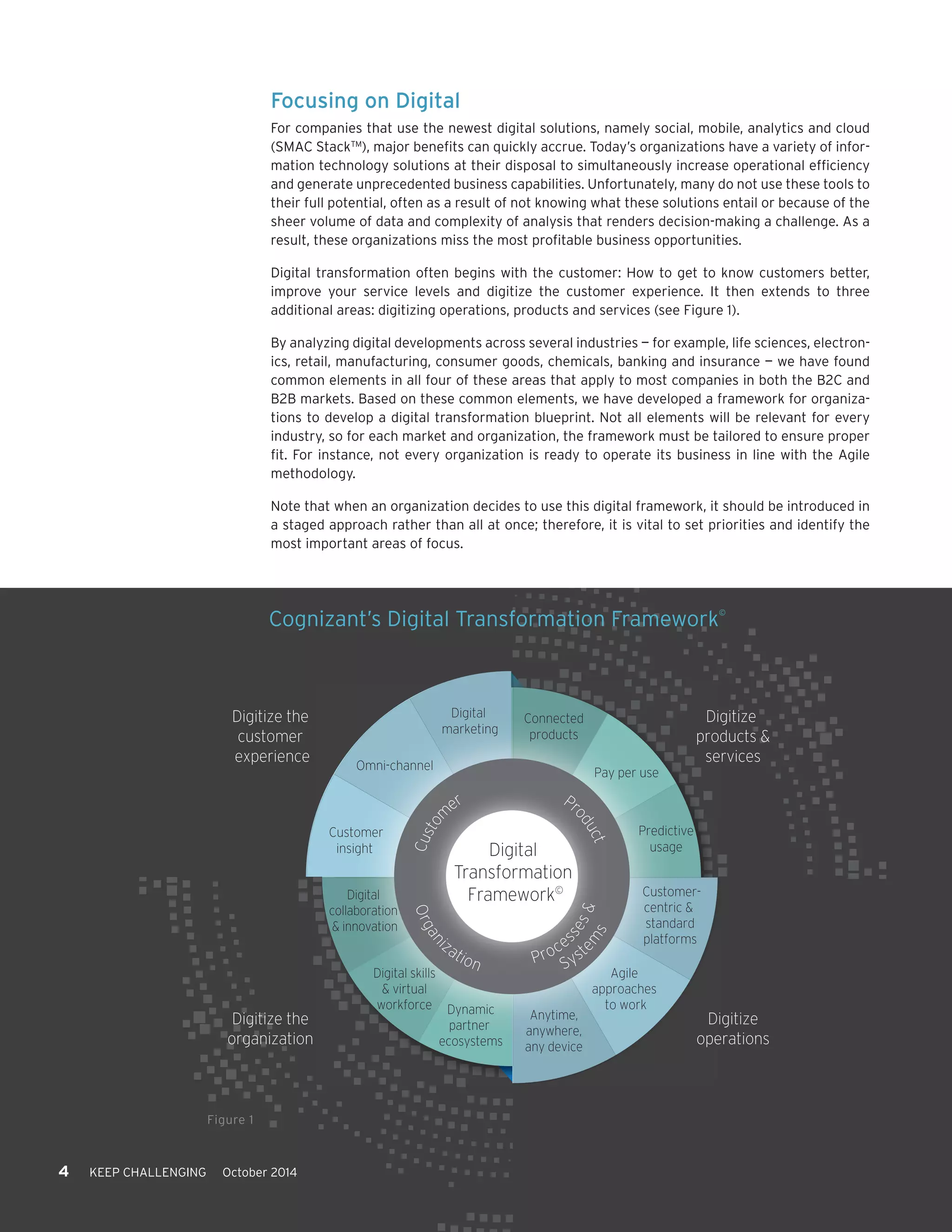 Omni-channel Pay per use 
Digital 
Transformation 
Framework© 
Customer 
insight 
Customer-centric 
& 
standard 
platforms 
Agile 
approaches 
to work 
Digital skills 
& virtual 
workforce 
Digital 
collaboration 
& innovation 
Digital 
marketing 
Connected 
products 
Predictive 
usage 
Anytime, 
anywhere, 
any device 
Dynamic 
partner 
ecosystems 
Digitize 
products & 
services 
Digitize the 
customer 
experience 
Digitize the 
organization 
Digitize 
operations 
Customer Product 
Organization 
Processes & 
Systems 
4 KEEP CHALLENGING October 2014 
Focusing on Digital 
For companies that use the newest digital solutions, namely social, mobile, analytics and cloud 
(SMAC StackTM), major benefits can quickly accrue. Today’s organizations have a variety of infor-mation 
technology solutions at their disposal to simultaneously increase operational efficiency 
and generate unprecedented business capabilities. Unfortunately, many do not use these tools to 
their full potential, often as a result of not knowing what these solutions entail or because of the 
sheer volume of data and complexity of analysis that renders decision-making a challenge. As a 
result, these organizations miss the most profitable business opportunities. 
Digital transformation often begins with the customer: How to get to know customers better, 
improve your service levels and digitize the customer experience. It then extends to three 
additional areas: digitizing operations, products and services (see Figure 1). 
By analyzing digital developments across several industries — for example, life sciences, electron-ics, 
retail, manufacturing, consumer goods, chemicals, banking and insurance — we have found 
common elements in all four of these areas that apply to most companies in both the B2C and 
B2B markets. Based on these common elements, we have developed a framework for organiza-tions 
to develop a digital transformation blueprint. Not all elements will be relevant for every 
industry, so for each market and organization, the framework must be tailored to ensure proper 
fit. For instance, not every organization is ready to operate its business in line with the Agile 
methodology. 
Note that when an organization decides to use this digital framework, it should be introduced in 
a staged approach rather than all at once; therefore, it is vital to set priorities and identify the 
most important areas of focus. 
Figure 1 
Cognizant’s Digital Transformation Framework© 
 