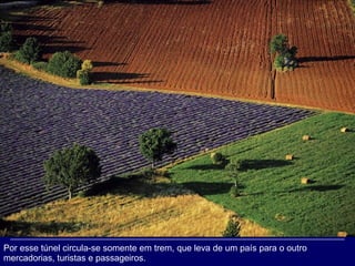 Por esse túnel circula-se somente em trem, que leva de um país para o outro mercadorias, turistas e passageiros.  
