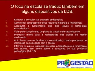 O foco na escola se traduz também em
alguns dispositivos da LDB.
I. Elaborar e executar sua proposta pedagógica;
II. Administrar seu pessoal e seus recursos materiais e financeiros;
III. Assegurar o cumprimento dos dias letivos e horas-aula
estabelecidas;
IV. Velar pelo cumprimento do plano de trabalho de cada docente;
V. Promover meios para a recuperação dos alunos de menor
rendimento;
VI. Articular-se com as famílias e a comunidade, criando processos de
integração da sociedade com a escola;
VII. Informar os pais e responsáveis sobre a freqüência e o rendimento
dos alunos, bem como sobre a execução de sua proposta
pedagógica (Art. 12)
 