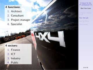 A future for the
                      IT professional (?)
4 functions:            Bart Van Loon

 1. Architect         Computer Science
                      is hot
 2. Consultant
                      Your ﬁrst job
 3. Project manager   War for Talent

 4. Specialist        The S-curve




4 sectors:
 1. Finance
 2. ICT
 3. Industry
 4. Public
                           16 of 55
 