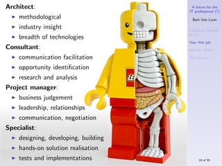 Architect:                             A future for the
                                      IT professional (?)
    methodological                      Bart Van Loon

    industry insight                  Computer Science
                                      is hot
    breadth of technologies
                                      Your ﬁrst job
Consultant:                           War for Talent

    communication facilitation        The S-curve

    opportunity identiﬁcation
    research and analysis
Project manager:
    business judgement
    leadership, relationships
    communication, negotiation
Specialist:
    designing, developing, building
    hands-on solution realisation
    tests and implementations              18 of 55
 