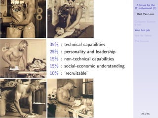 A future for the
                                      IT professional (?)

                                        Bart Van Loon

                                      Computer Science
                                      is hot

                                      Your ﬁrst job

                                      War for Talent

                                      The S-curve
35% : technical capabilities
25% : personality and leadership
15% : non-technical capabilities
15% : social-economic understanding
10% : ‘recruitable’




                                           22 of 55
 