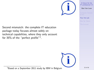 A future for the
                                                           IT professional (?)

                                                             Bart Van Loon

                                                           Computer Science
                                                           is hot

                                                           Your ﬁrst job

                                                           War for Talent

                                                           The S-curve

Second mismatch: the complete IT education
package today focuses almost solely on
technical capabilities, where they only account
for 35% of the “perfect proﬁle”1 .




   1                                                            23 of 55
       Based on a September 2011 study by IBM in Belgium
 