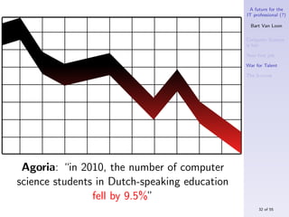 A future for the
                                               IT professional (?)

                                                 Bart Van Loon

                                               Computer Science
                                               is hot

                                               Your ﬁrst job

                                               War for Talent

                                               The S-curve




 Agoria: “in 2010, the number of computer
science students in Dutch-speaking education
                fell by 9.5%”
                                                    32 of 55
 