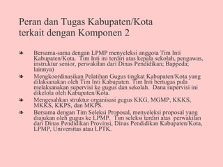 Peran dan Tugas Kabupaten/Kota terkait dengan Komponen 2 Bersama-sama dengan LPMP menyeleksi anggota Tim Inti Kabupaten/Kota.  Tim Inti ini terdiri atas kepala sekolah, pengawas, instruktur senior, perwakilan dari Dinas Pendidikan; Bappeda; lainnya) Mengkoordinasikan Pelatihan Gugus tingkat Kabupaten/Kota yang dilaksanakan oleh Tim Inti Kabupaten. Tim Inti bertugas pula melaksanakan supervisi ke gugus dan sekolah.  Dana supervisi ini dikelola oleh Kabupaten/Kota.  Mengesahkan struktur organisasi gugus KKG, MGMP, KKKS, MKKS, KKPS, dan MKPS.  Bersama dengan Tim Seleksi Proposal, menyeleksi proposal yang diajukan oleh gugus ke LPMP.  Tim seleksi terdiri atas  perwakilan dari Dinas Pendidikan Provinsi, Dinas Pendidikan Kabupaten/Kota, LPMP, Universitas atau LPTK.  
