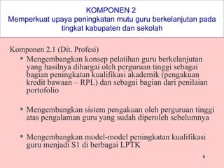 KOMPONEN 2  Memperkuat upaya peningkatan mutu guru berkelanjutan pada tingkat kabupaten dan sekolah Komponen 2.1 (Dit. Profesi) Mengembangkan konsep pelatihan guru berkelanjutan yang hasilnya dihargai oleh perguruan tinggi sebagai bagian peningkatan kualifikasi akademik (pengakuan kredit bawaan – RPL) dan sebagai bagian dari penilaian portofolio  Mengembangkan sistem pengakuan oleh perguruan tinggi atas pengalaman guru yang sudah diperoleh sebelumnya  Mengembangkan model-model peningkatan kualifikasi guru menjadi S1 di berbagai LPTK 