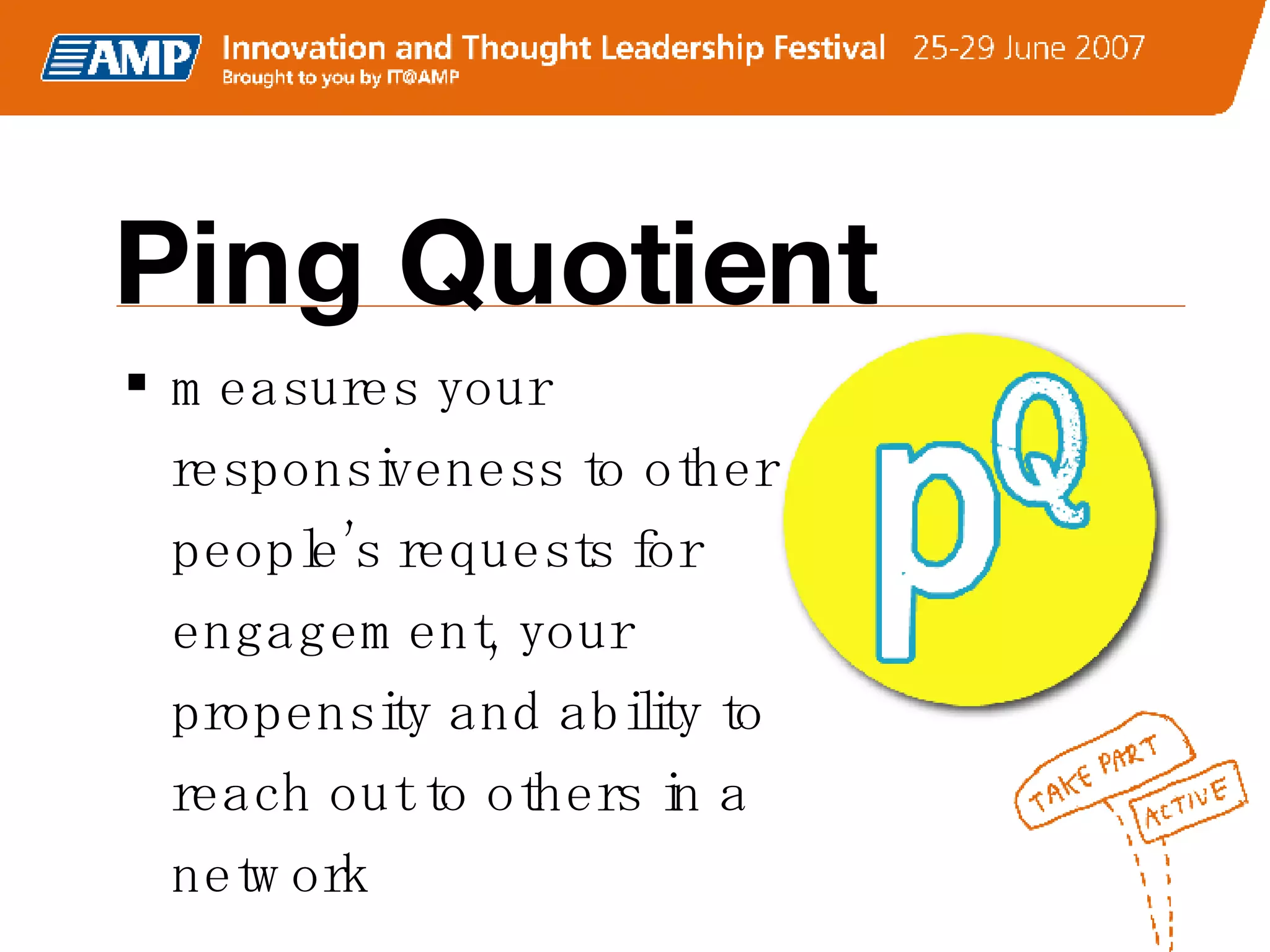 Ping Quotient measures your responsiveness to other people’s requests for engagement, your propensity and ability to reach out to others in a network  