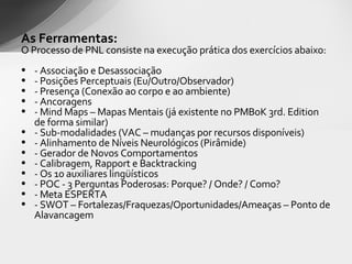 As Ferramentas: O Processo de PNL consiste na execução prática dos exercícios abaixo:  - Associação e Desassociação - Posições Perceptuais (Eu/Outro/Observador) - Presença (Conexão ao corpo e ao ambiente) - Ancoragens - Mind Maps – Mapas Mentais (já existente no PMBoK 3rd. Edition de forma similar) - Sub-modalidades (VAC – mudanças por recursos disponíveis) - Alinhamento de Níveis Neurológicos (Pirâmide) - Gerador de Novos Comportamentos - Calibragem, Rapport e Backtracking - Os 10 auxiliares lingüísticos - POC - 3 Perguntas Poderosas: Porque? / Onde? / Como? - Meta ESPERTA - SWOT – Fortalezas/Fraquezas/Oportunidades/Ameaças – Ponto de Alavancagem 