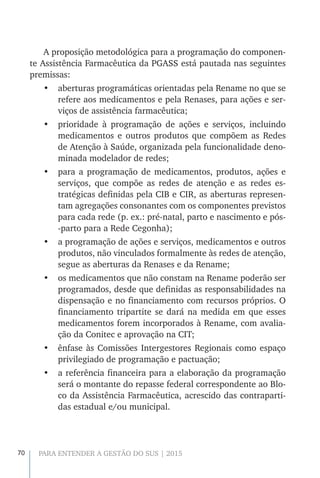 70 PARA ENTENDER A GESTÃO DO SUS | 2015
A proposição metodológica para a programação do componen-
te Assistência Farmacêutica da PGASS está pautada nas seguintes
premissas:
•	 aberturas programáticas orientadas pela Rename no que se
refere aos medicamentos e pela Renases, para ações e ser-
viços de assistência farmacêutica;
•	 prioridade à programação de ações e serviços, incluindo
medicamentos e outros produtos que compõem as Redes
de Atenção à Saúde, organizada pela funcionalidade deno-
minada modelador de redes;
•	 para a programação de medicamentos, produtos, ações e
serviços, que compõe as redes de atenção e as redes es-
tratégicas definidas pela CIB e CIR, as aberturas represen-
tam agregações consonantes com os componentes previstos
para cada rede (p. ex.: pré-natal, parto e nascimento e pós-
-parto para a Rede Cegonha);
•	 a programação de ações e serviços, medicamentos e outros
produtos, não vinculados formalmente às redes de atenção,
segue as aberturas da Renases e da Rename;
•	 os medicamentos que não constam na Rename poderão ser
programados, desde que definidas as responsabilidades na
dispensação e no financiamento com recursos próprios. O
financiamento tripartite se dará na medida em que esses
medicamentos forem incorporados à Rename, com avalia-
ção da Conitec e aprovação na CIT;
•	 ênfase às Comissões Intergestores Regionais como espaço
privilegiado de programação e pactuação;
•	 a referência financeira para a elaboração da programação
será o montante do repasse federal correspondente ao Blo-
co da Assistência Farmacêutica, acrescido das contraparti-
das estadual e/ou municipal.
 