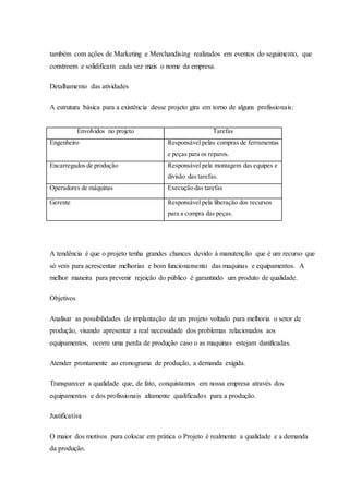também com ações de Marketing e Merchandising realizados em eventos do seguimento, que
constroem e solidificam cada vez mais o nome da empresa.
Detalhamento das atividades
A estrutura básica para a existência desse projeto gira em torno de alguns profissionais:
Envolvidos no projeto Tarefas
Engenheiro Responsável pelas compras de ferramentas
e peças para os reparos.
Encarregados de produção Responsável pela montagem das equipes e
divisão das tarefas.
Operadores de máquinas Execução das tarefas
Gerente Responsável pela liberação dos recursos
para a compra das peças.
A tendência é que o projeto tenha grandes chances devido à manutenção que é um recurso que
só vem para acrescentar melhorias e bom funcionamento das maquinas e equipamentos. A
melhor maneira para prevenir rejeição do público é garantindo um produto de qualidade.
Objetivos
Analisar as possibilidades de implantação de um projeto voltado para melhoria o setor de
produção, visando apresentar a real necessidade dos problemas relacionados aos
equipamentos, ocorre uma perda de produção caso o as maquinas estejam danificadas.
Atender prontamente ao cronograma de produção, a demanda exigida.
Transparecer a qualidade que, de fato, conquistamos em nossa empresa através dos
equipamentos e dos profissionais altamente qualificados para a produção.
Justificativa
O maior dos motivos para colocar em prática o Projeto é realmente a qualidade e a demanda
da produção.
 