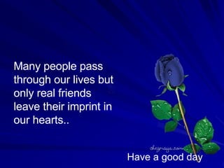 Many people pass through our lives but only real friends  leave their imprint in our hearts..  Have a good day 