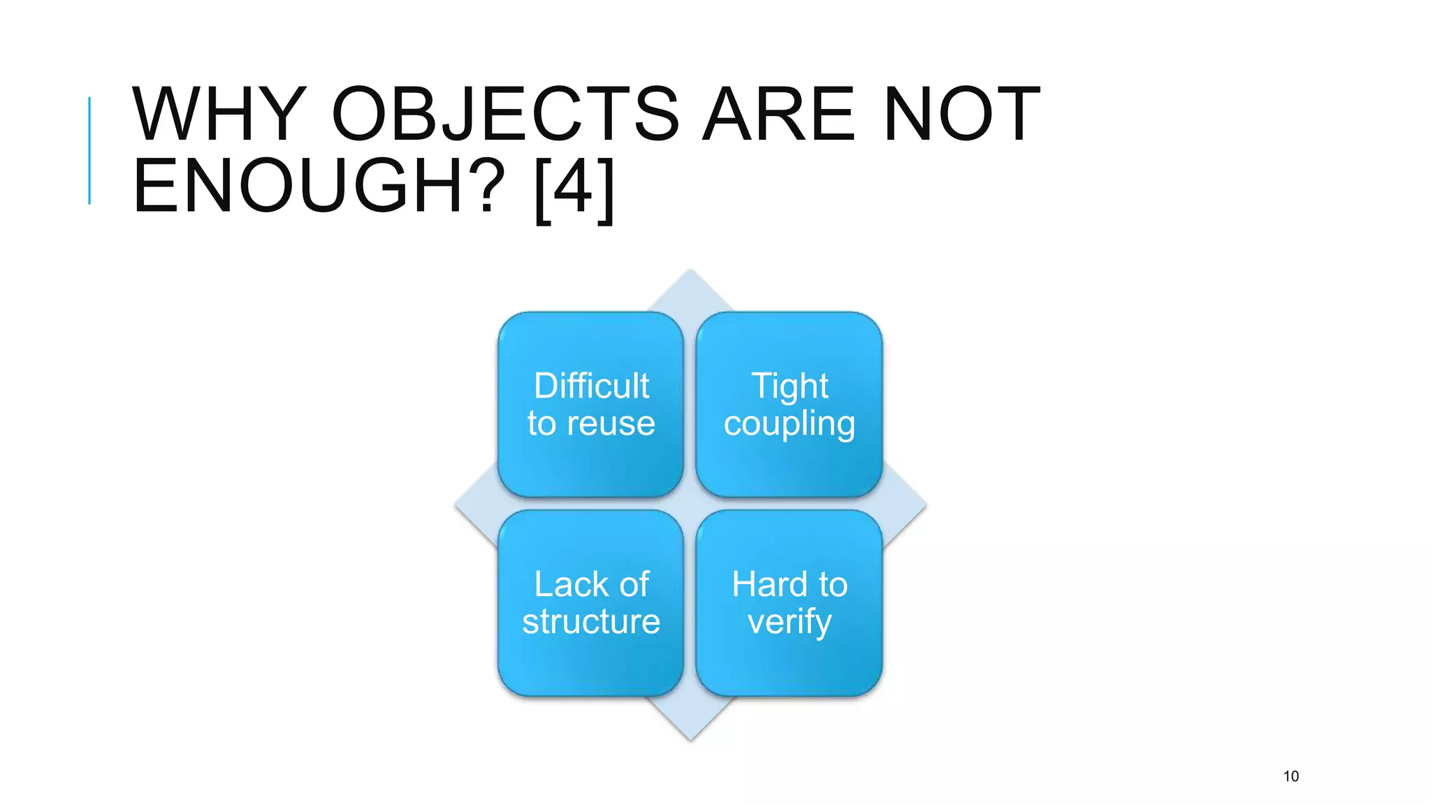 WHY OBJECTS ARE NOT
ENOUGH? [4]

         Difficult    Tight
        to reuse     coupling



         Lack of     Hard to
        structure     verify



                                10
 