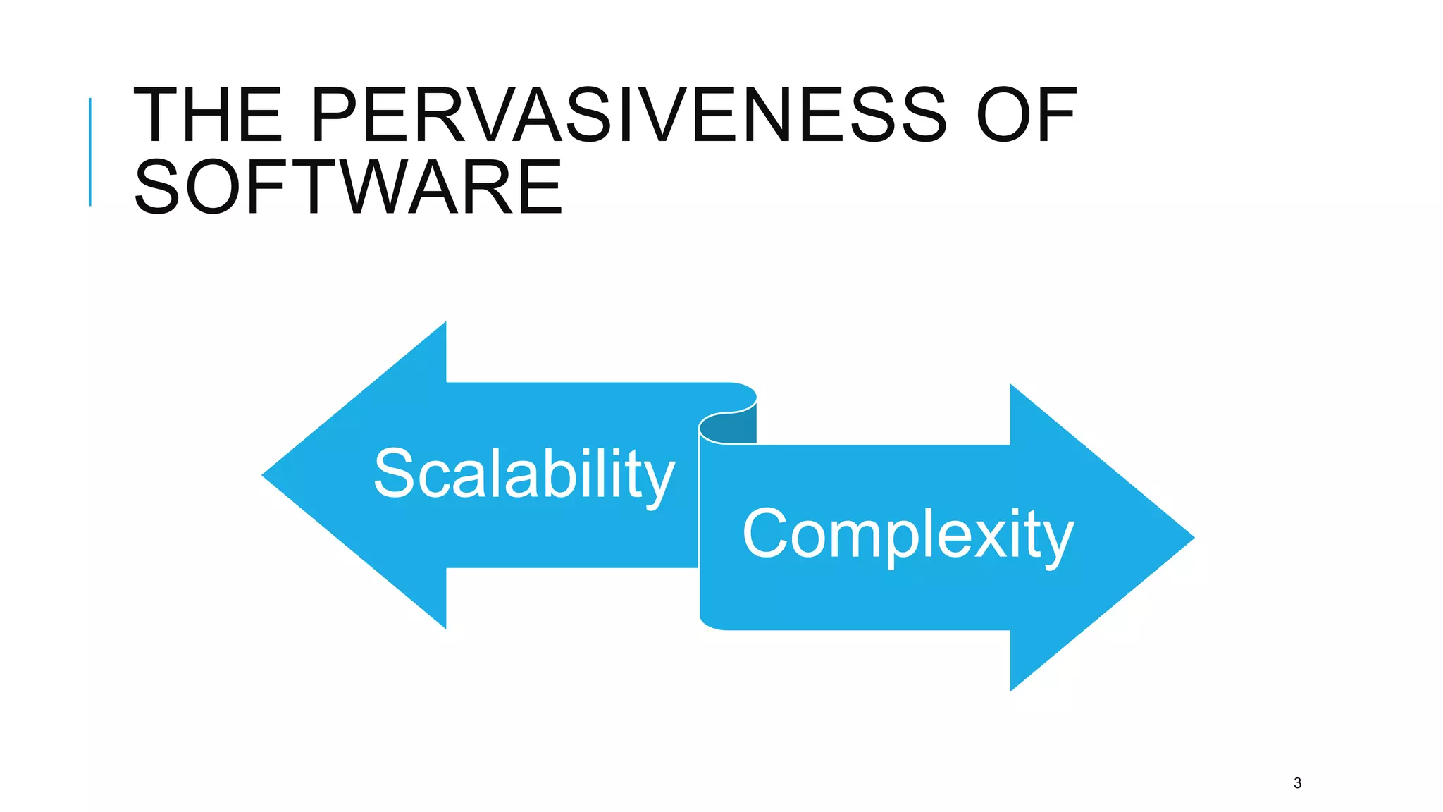 THE PERVASIVENESS OF
SOFTWARE


     Scalability
                   Complexity


                                3
 
