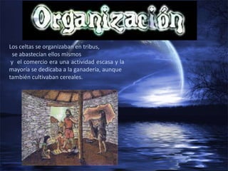 Los celtas se organizaban en tribus,
 se abastecían ellos mismos
 y el comercio era una actividad escasa y la
mayoría se dedicaba a la ganadería, aunque
también cultivaban cereales.
 