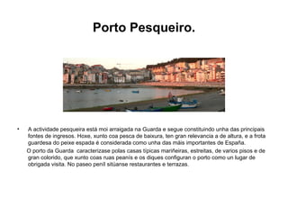 Porto Pesqueiro. A actividade pesqueira está moi arraigada na Guarda e segue constituindo unha das principais fontes de ingresos. Hoxe, xunto coa pesca de baixura, ten gran relevancia a de altura, e a frota guardesa do peixe espada é considerada como unha das máis importantes de España. O porto da Guarda  caracterizase polas casas típicas mariñeiras, estreitas, de varios pisos e de gran colorido, que xunto coas ruas peanís e os diques configuran o porto como un lugar de obrigada visita. No paseo peníl sitúanse restaurantes e terrazas. 