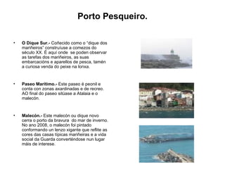 Porto Pesqueiro. O Dique Sur.-  Coñecido como o “dique dos mariñeiros” construíuse a comezos do século XX. É aquí onde  se poden observar as tarefas dos mariñeiros, as suas embarcacións e aparellos de pesca, tamén a curiosa venda do peixe na lonxa. Paseo Marítimo.-  Este paseo é peonil e conta con zonas axardinadas e de recreo. AO final do paseo sitúase a Atalaia e o malecón. Malecón.-  Este malecón ou dique novo cerra o porto da bravura  do mar de inverno. No ano 2008, o malecón foi pintado conformando un lenzo xigante que reflite as cores das casas típicas mariñeiras e a vida social da Guarda converténdose nun lugar máis de interese. 