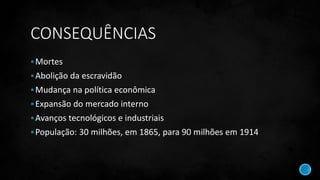 CONSEQUÊNCIAS
Mortes
Abolição da escravidão
Mudança na política econômica
Expansão do mercado interno
Avanços tecnológicos e industriais
População: 30 milhões, em 1865, para 90 milhões em 1914
 