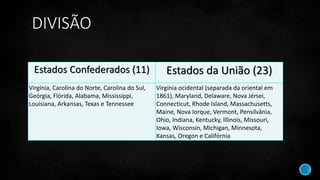 DIVISÃO
Estados Confederados (11) Estados da União (23)
Virgínia, Carolina do Norte, Carolina do Sul,
Geórgia, Flórida, Alabama, Mississippi,
Louisiana, Arkansas, Texas e Tennessee
Virgínia ocidental (separada da oriental em
1861), Maryland, Delaware, Nova Jérsei,
Connecticut, Rhode Island, Massachusetts,
Maine, Nova Iorque, Vermont, Pensilvânia,
Ohio, Indiana, Kentucky, Illinois, Missouri,
Iowa, Wisconsin, Michigan, Minnesota,
Kansas, Oregon e Califórnia
 