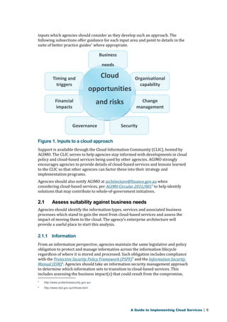 inputs which agencies should consider as they develop such an approach. The 
following subsections offer guidance for each input area and point to details in the 
suite of better practice guides1 where appropriate. 
Figure 1. Inputs to a cloud approach 
Support is available through the Cloud Information Community (CLIC), hosted by 
AGIMO. The CLIC serves to help agencies stay informed with developments in cloud 
policy and cloud-based services being used by other agencies. AGIMO strongly 
encourages agencies to provide details of cloud-based services and lessons learned 
to the CLIC so that other agencies can factor these into their strategy and 
implementation programs. 
Agencies should also notify AGIMO at architecture@finance.gov.au when 
considering cloud-based services, per AGIMO Circular 2011/0011 to help identify 
solutions that may contribute to whole-of-government initiatives. 
2.1 Assess suitability against business needs 
Agencies should identify the information types, services and associated business 
processes which stand to gain the most from cloud-based services and assess the 
impact of moving them to the cloud. The agency’s enterprise architecture will 
provide a useful place to start this analysis. 
2.1.1 Information 
From an information perspective, agencies maintain the same legislative and policy 
obligation to protect and manage information across the information lifecycle 
regardless of where it is stored and processed. Such obligation includes compliance 
with the Protective Security Policy Framework (PSPF)5 and the Information Security 
Manual (ISM)6. Agencies should take an information security management approach 
to determine which information sets to transition to cloud-based services. This 
includes assessing the business impact(s) that could result from the compromise, 
5 http://www.protectivesecurity.gov.au/ 
6 http://www.dsd.gov.au/infosec/ism/ 
A Guide to Implementing Cloud Services | 6 
Timing and 
triggers 
Organisational 
capability 
Business 
needs 
Change 
management 
Financial 
impacts 
Cloud 
opportunities 
and risks 
Governance Security 
 